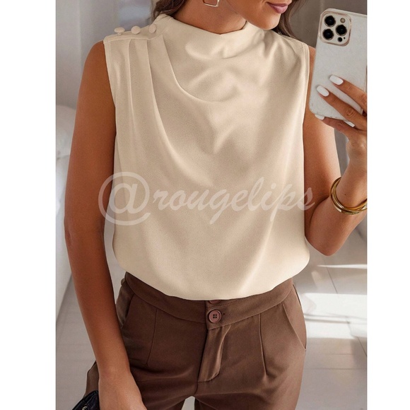 Beige Cowl Draped Pleated Neck Sleeveless Top Blouse Decorative Shoulder Buttons - Picture 2 of 7